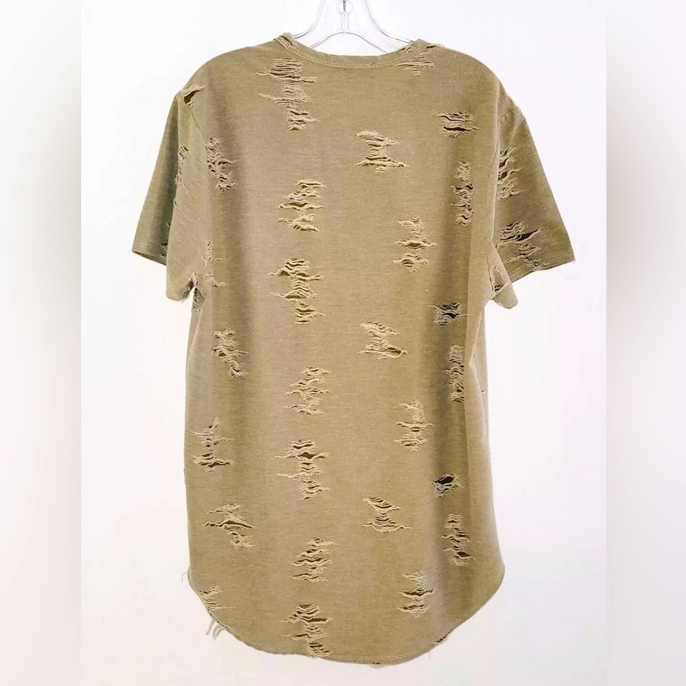 Nova Industries Destroyed Tee Mens Med Lsleeve  Crew Neck Olive/khaki  30"L EUC